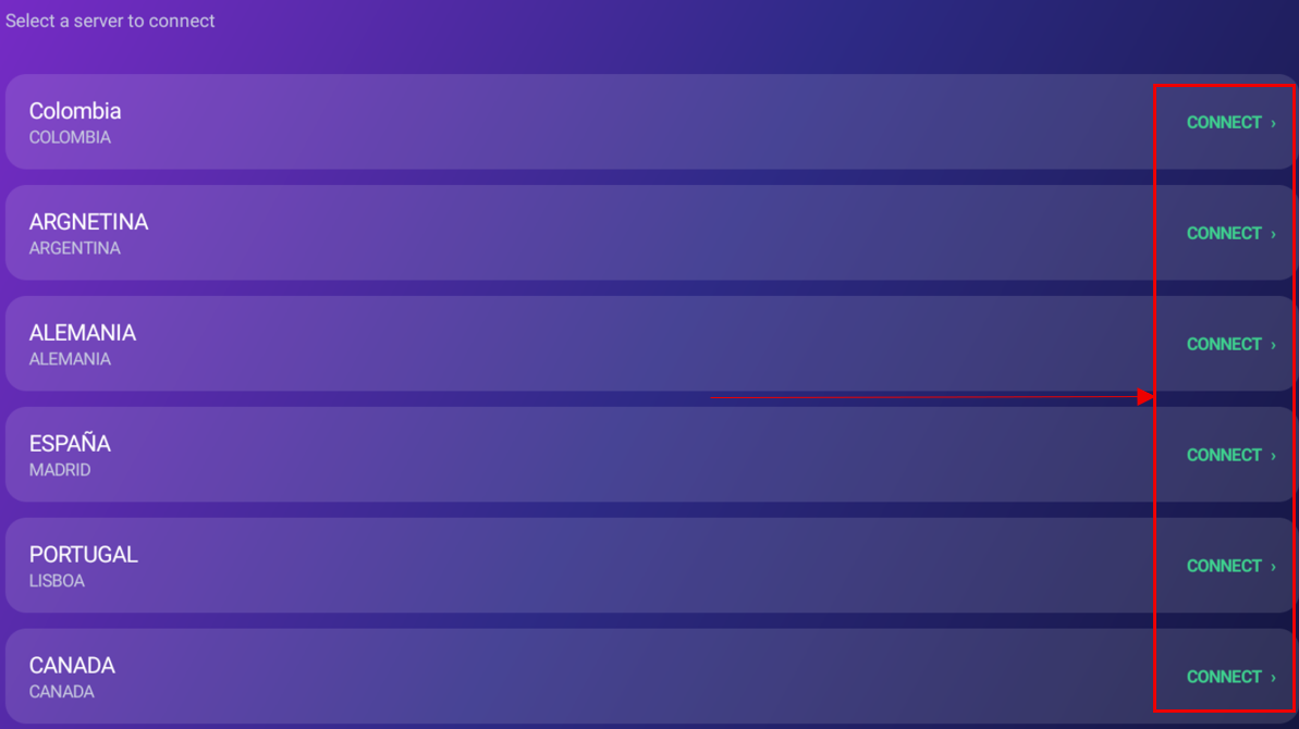 Lista de servidores VPN disponibles