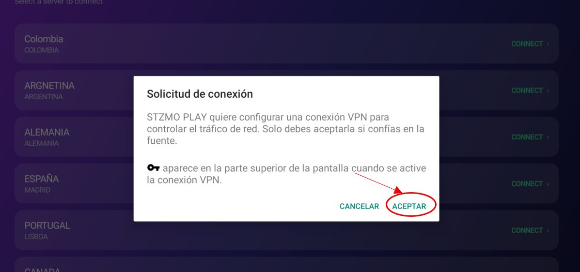 Ventana de solicitud de conexión VPN