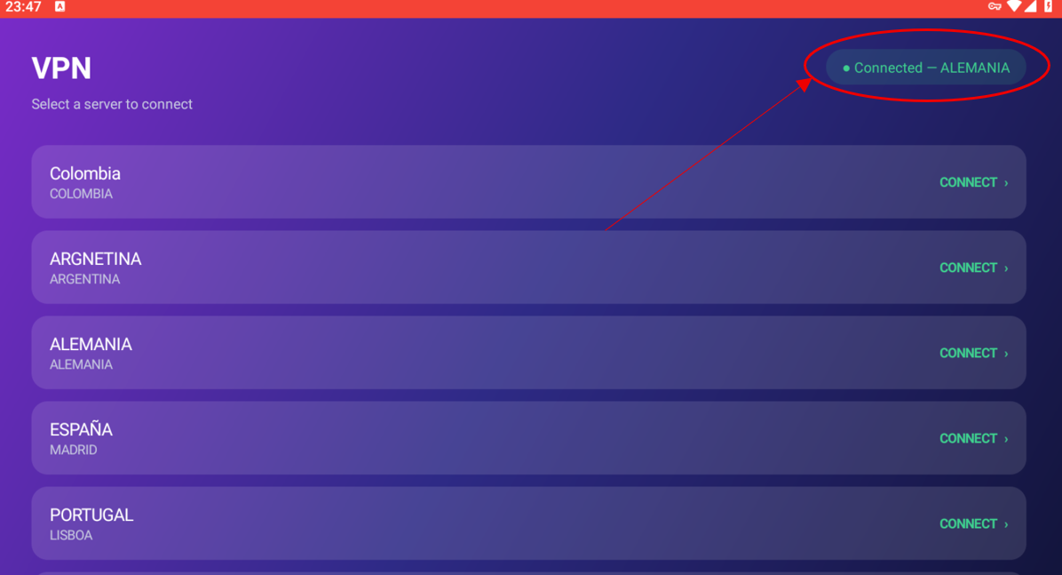 Confirmación de conexión VPN activa